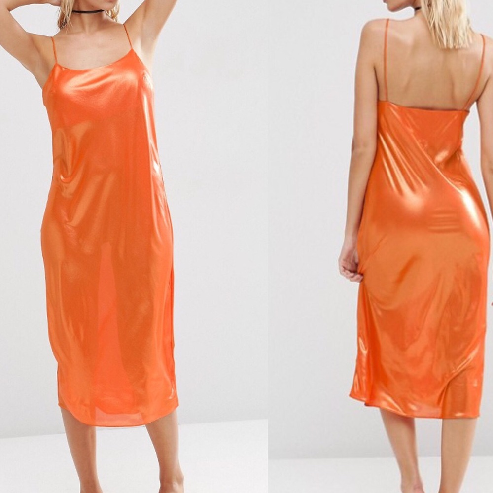 Tangerine Metallic Midi Slip Dress